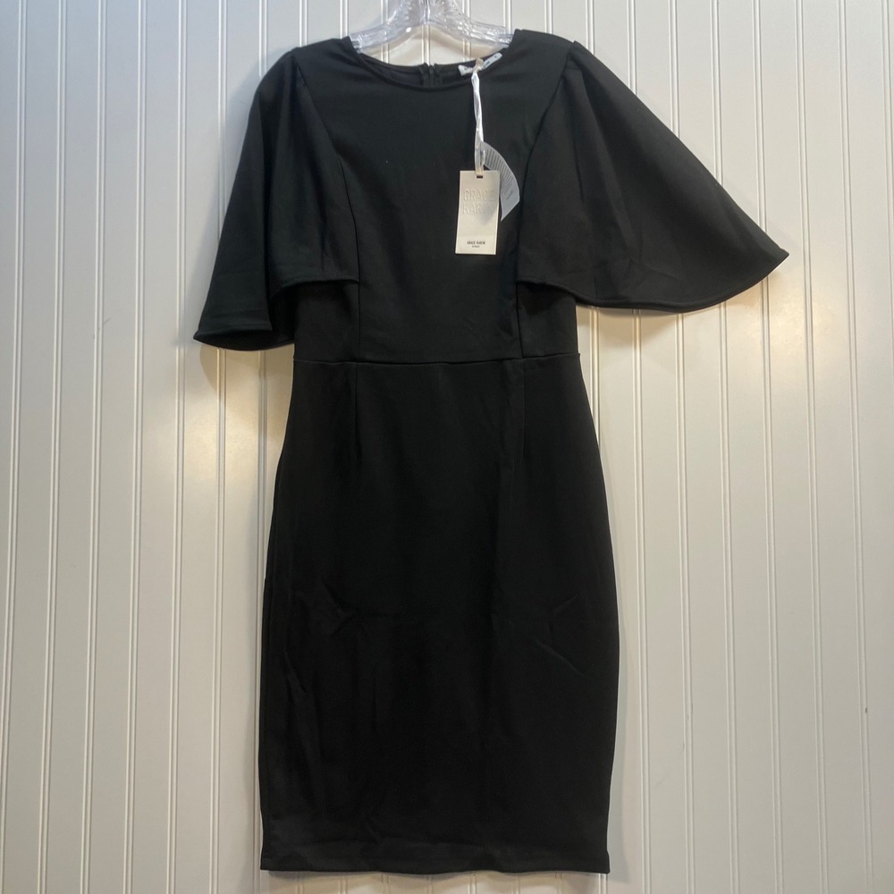 Grace Karin Black Cape Flutter Sleeve Sheath Dress Womens Size M NWT Bodycon LBD
